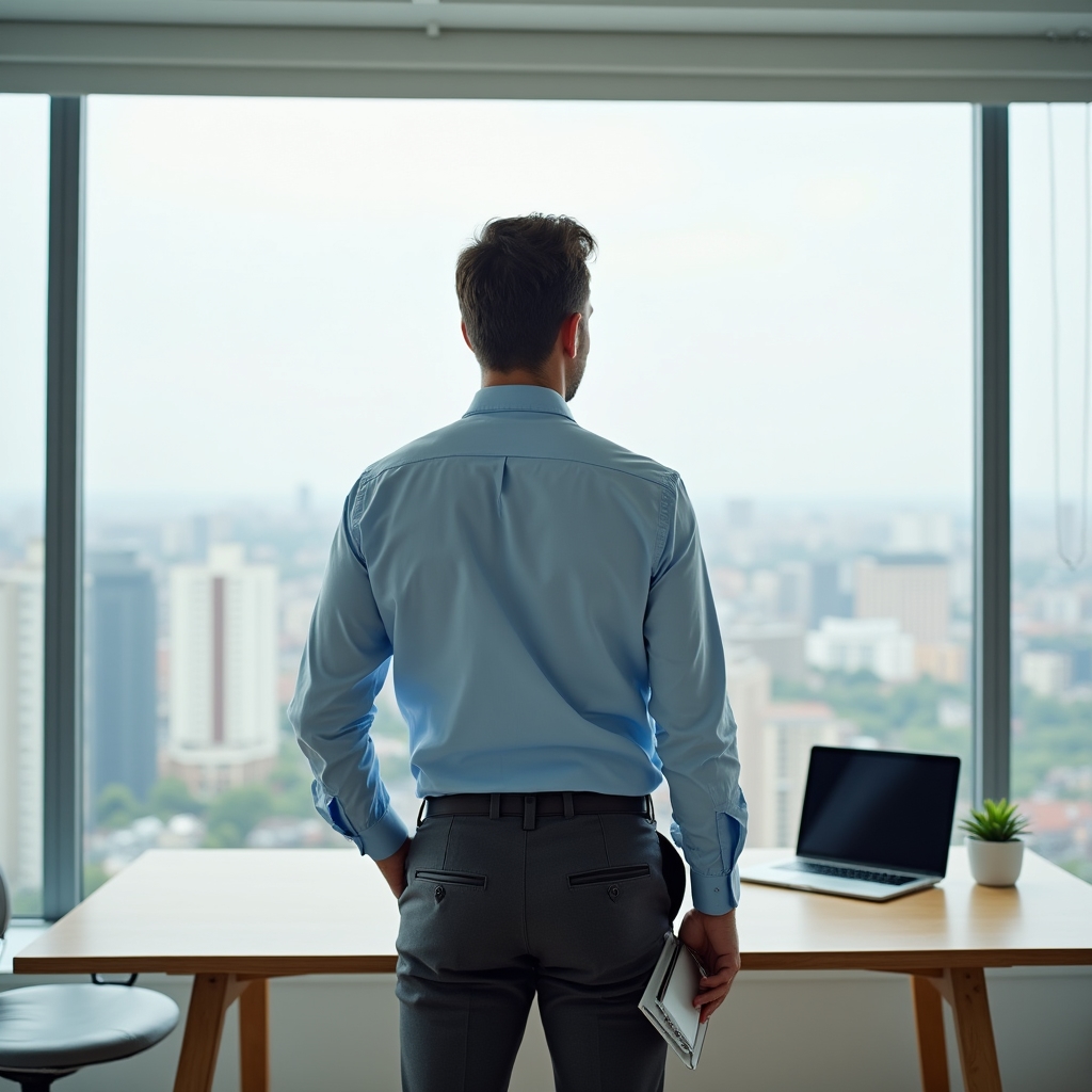 Professionista in abito smart casual riflette davanti a finestra in ufficio moderno