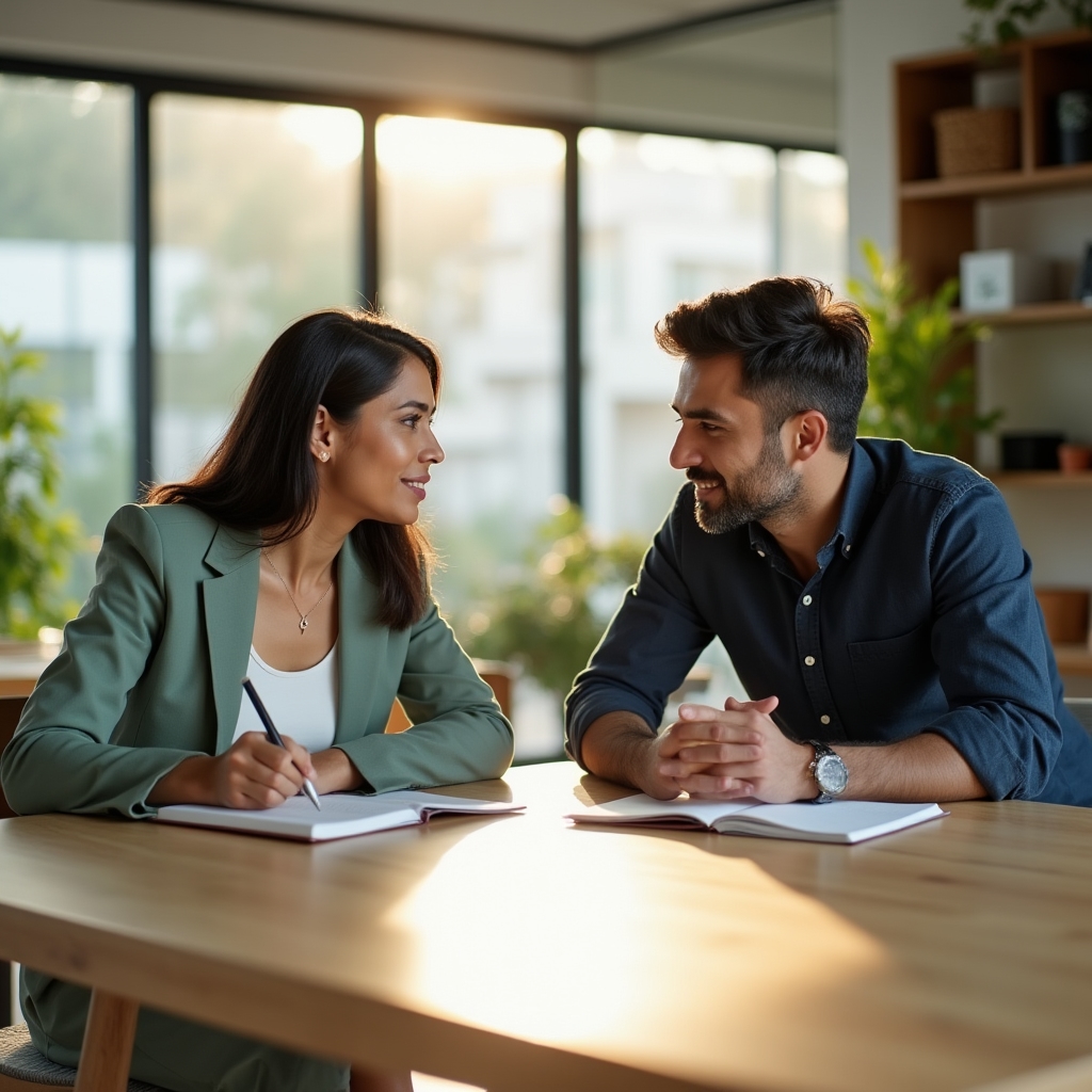 Sessione di life coaching con coach e cliente in ambiente luminoso