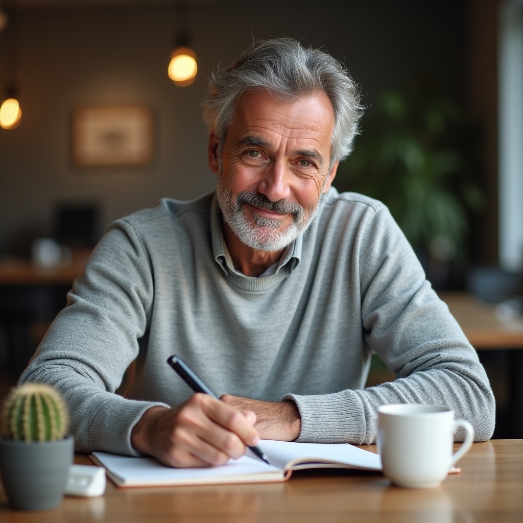 Uomo maturo dai capelli grigi sorride mentre scrive su taccuino in ambiente coworking luminoso